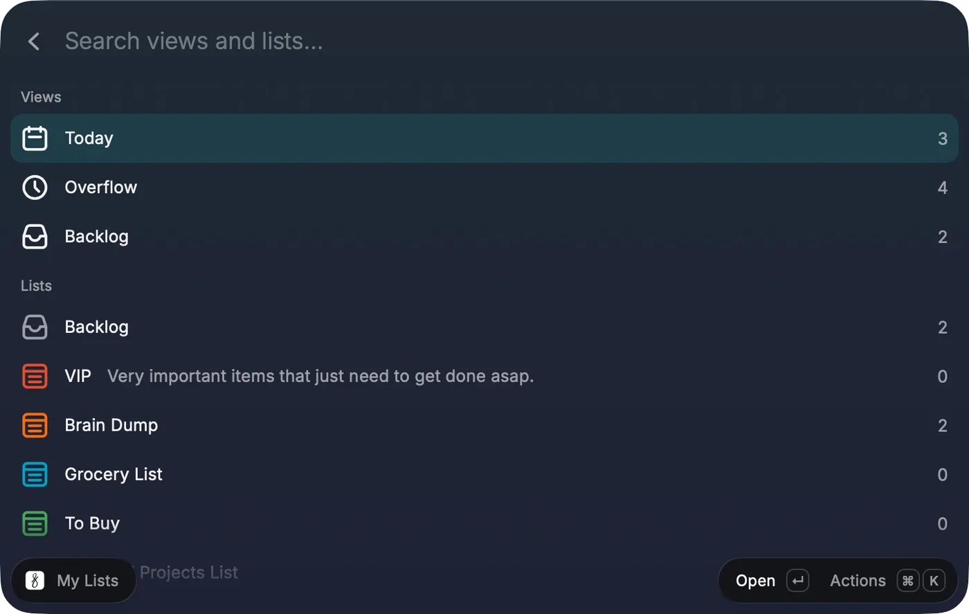 The Faite extension in Raycast, listing the Today, Overflow and Backlog views with their open counts, above the user's own lists.