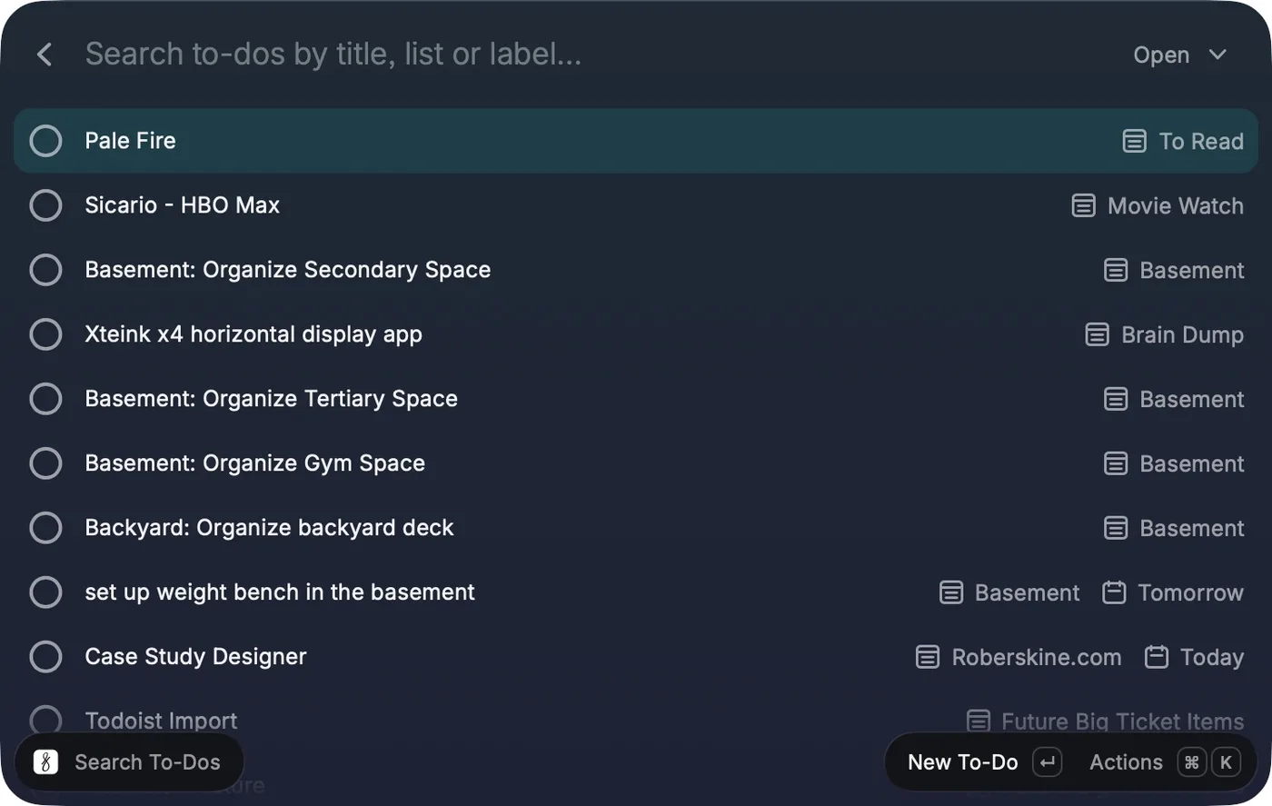 Searching to-dos in Raycast, each row showing its list and, where set, its scheduled day.